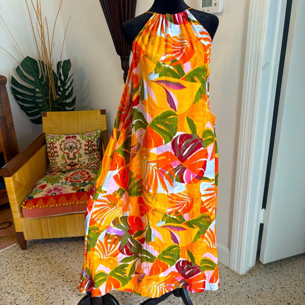 C & C California Linen Blend Tropical Palm Orange Colorful Long Shift Dress! Lg